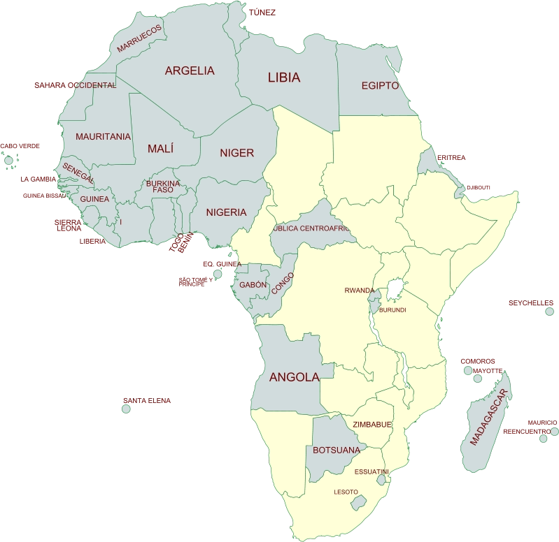 REPÚBLICA CENTROAFRICANA NIGERIA LIBIA GUINEA BISSAU MADAGASCAR I ARGELIA BOTSUANA MALÍ MAURITANIA MARRUECOS EGIPTO LESOTO ESSUATINI ANGOLA ZIMBABUE CONGO GABÓN SÃO TOMÉ Y PRÍNCIPE EQ. GUINEA RWANDA NIGER BURKINA FASO BENÍN SAHARA OCCIDENTAL GUINEA LA GAMBIA SENEGAL SIERRA LEONA TOGO TÚNEZ BURUNDI DJIBOUTI ERITREA CABO VERDE SANTA ELENA MAURICIO REENCUENTRO SEYCHELLES COMOROS MAYOTTE LIBERIA